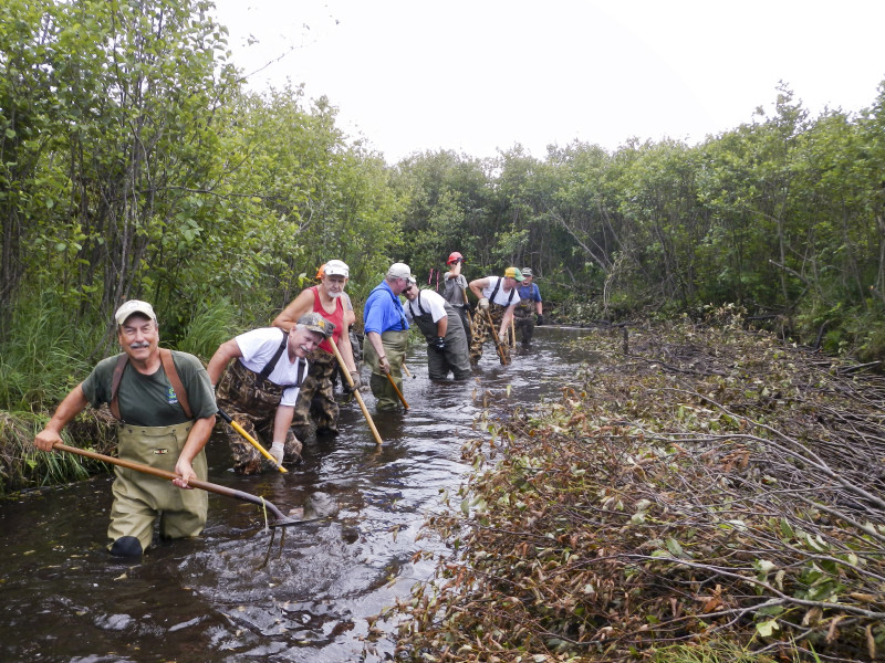 Crew line shoveling sediment on bundles