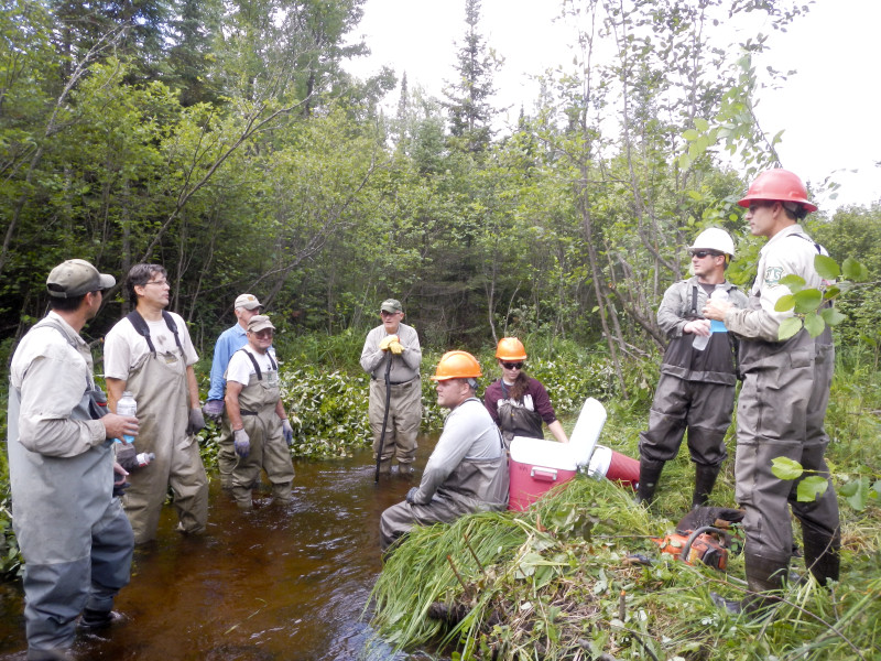 Brushing crew taking a needed break in sweltering heat